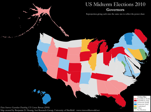 Map of the 2010 US midterm election results: Governors cartogram