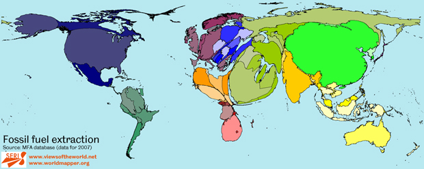 Map / Worldmapper Cartogram of Fossil Fuel Extraction in 2007
